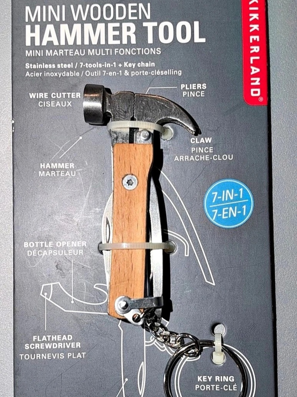 Kikkerland Mini Wooden Hammer Tool 7-in-1 Multi-Tool Keychain in Brown